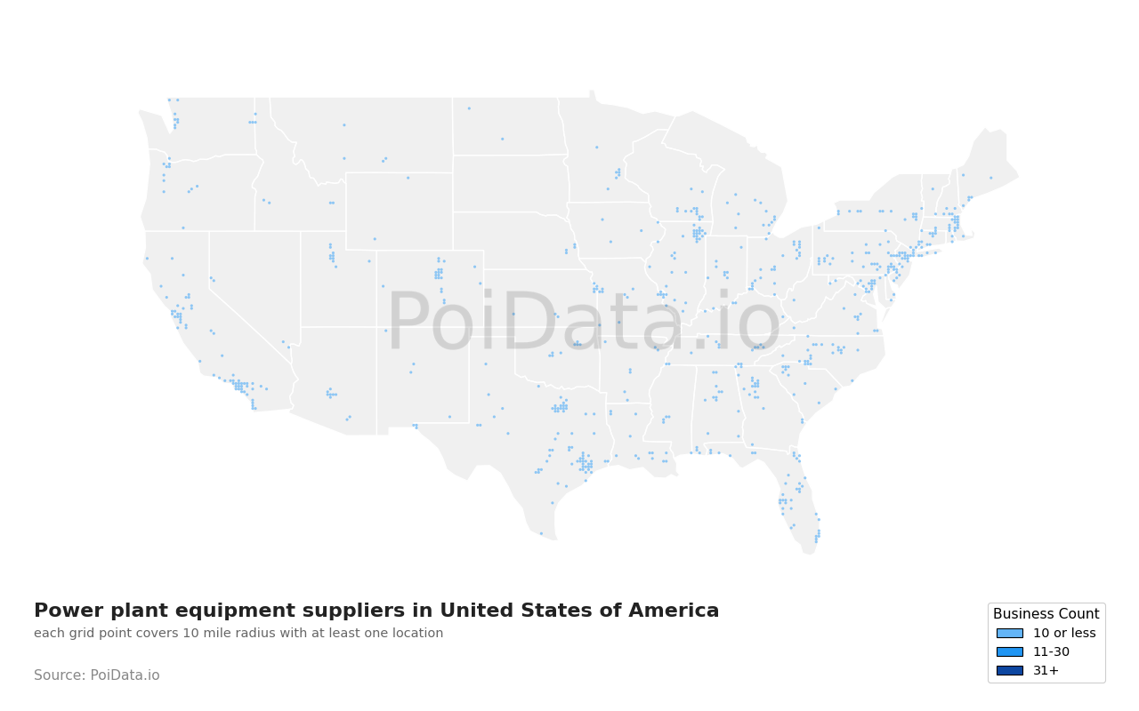 Power plant equipment supplier density map for Florida, United States