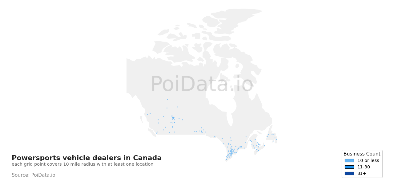 Powersports vehicle dealer density map for Canada