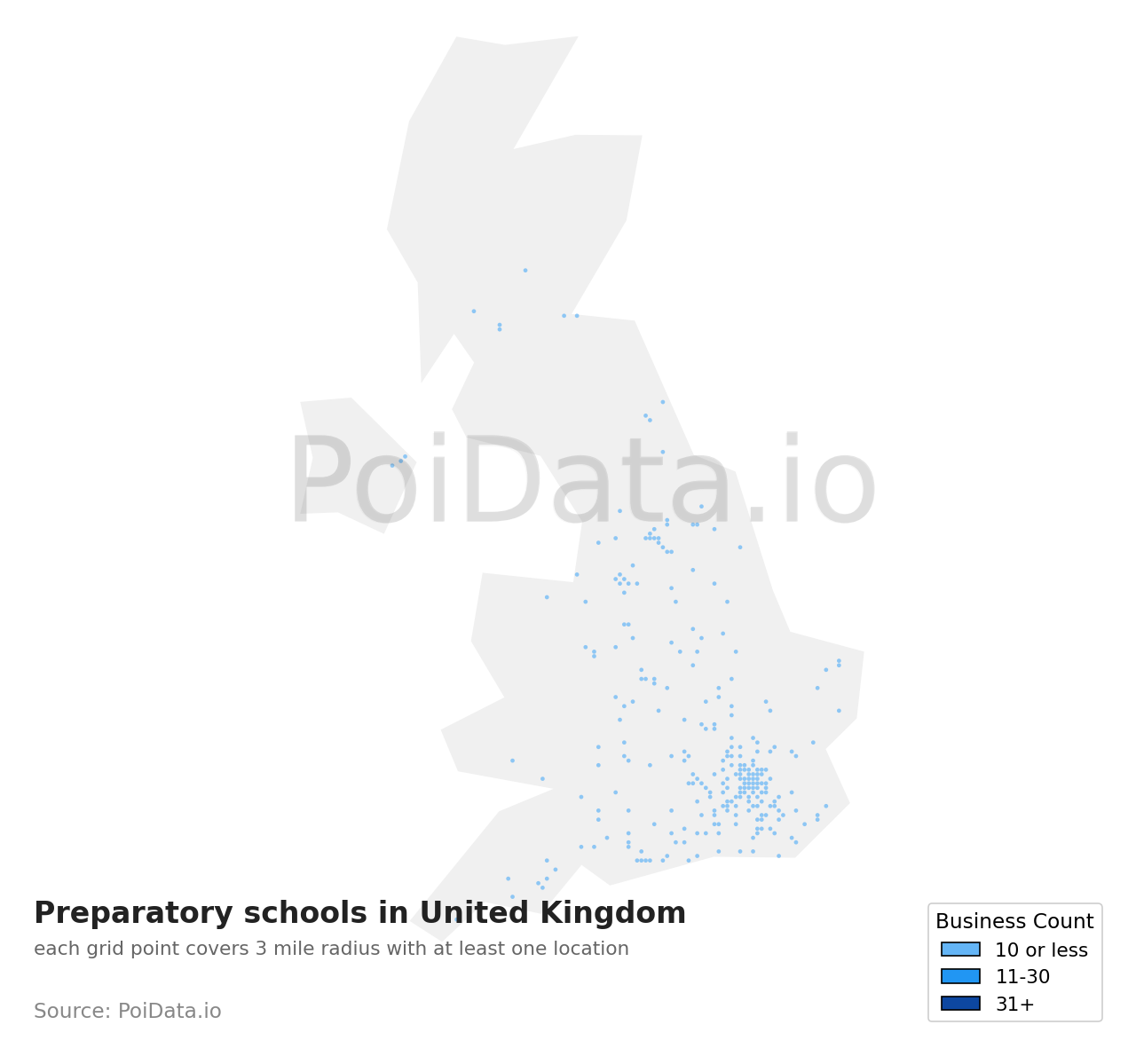 Preparatory school density map for United Kingdom