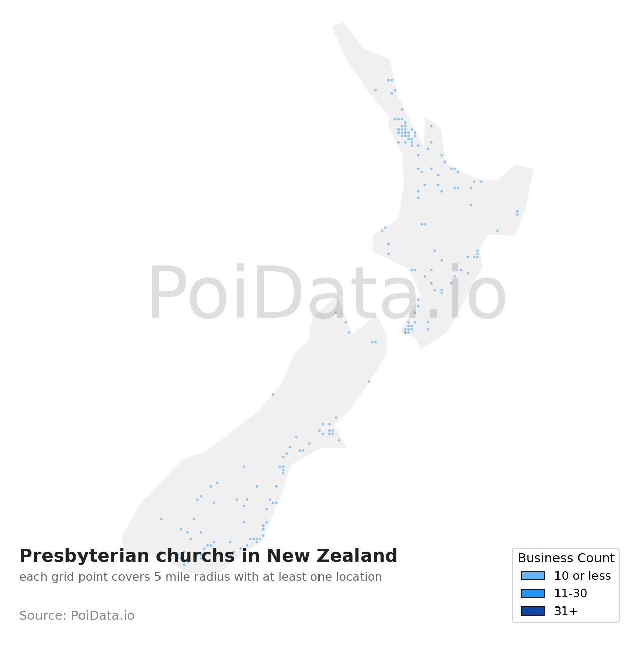 Presbyterian church density map for New Zealand