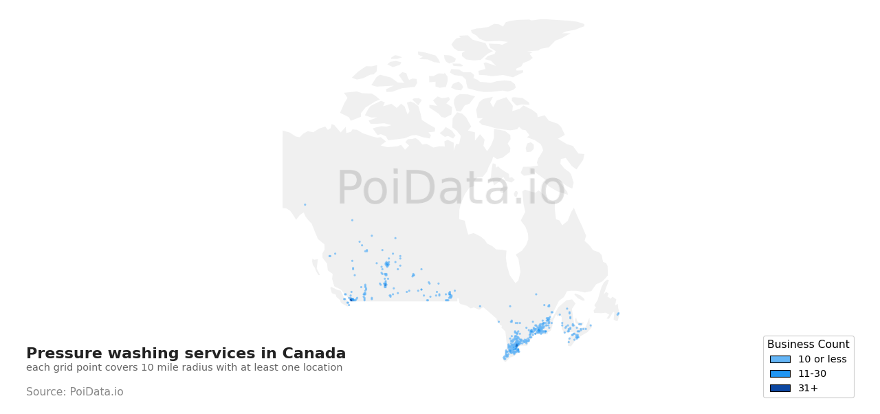 Pressure washing service density map for Canada