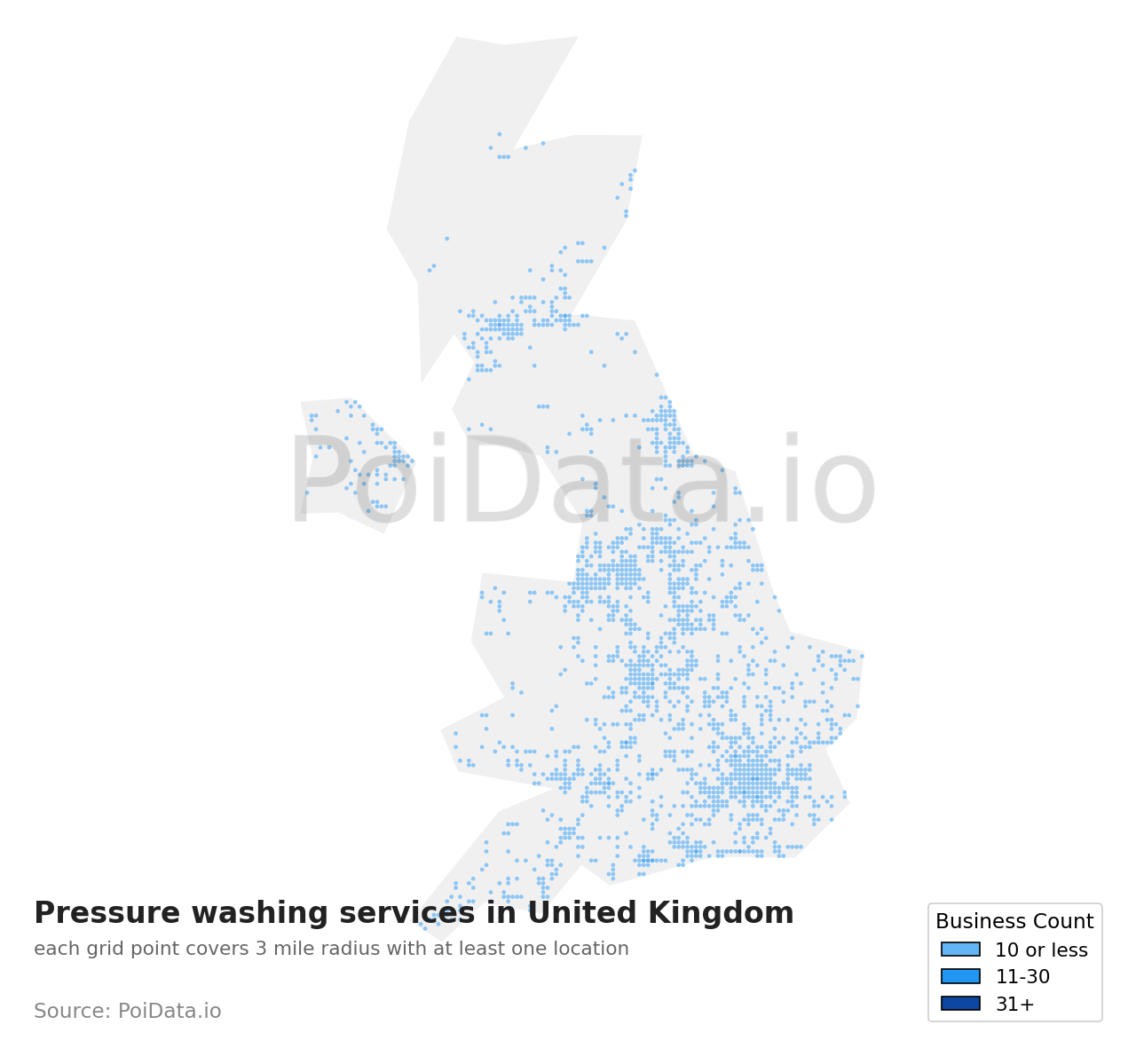 Pressure washing service density map for United Kingdom