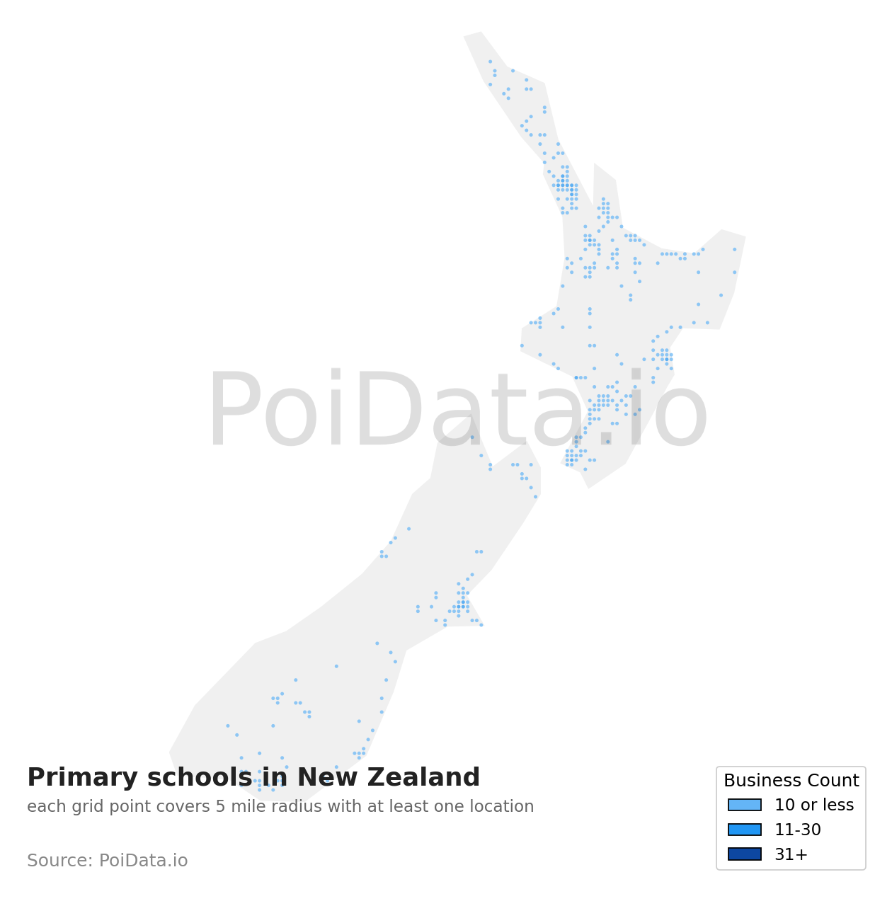 Primary school density map for New Zealand