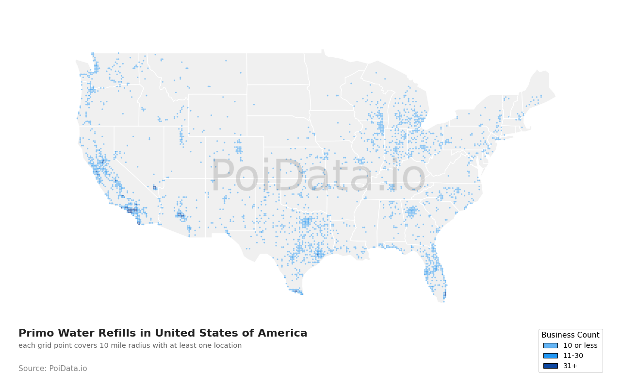 Primo Water Refill density map for United States