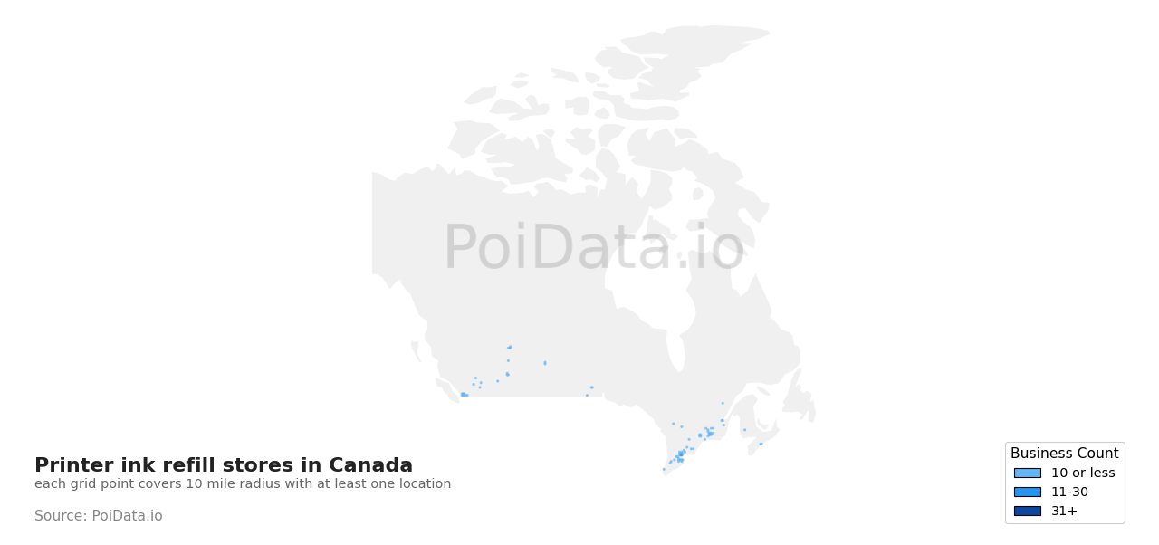 Printer ink refill store density map for New Brunswick, Canada