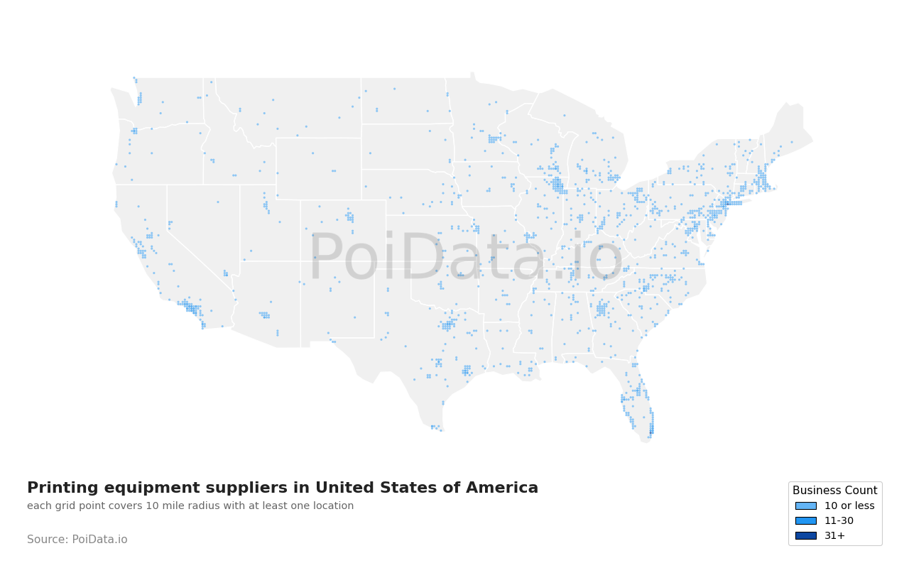 Printing equipment supplier density map for Florida, United States