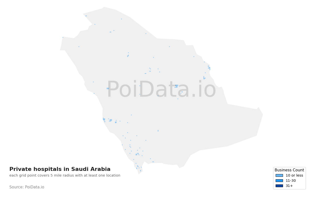 Private hospital density map for Saudi Arabia
