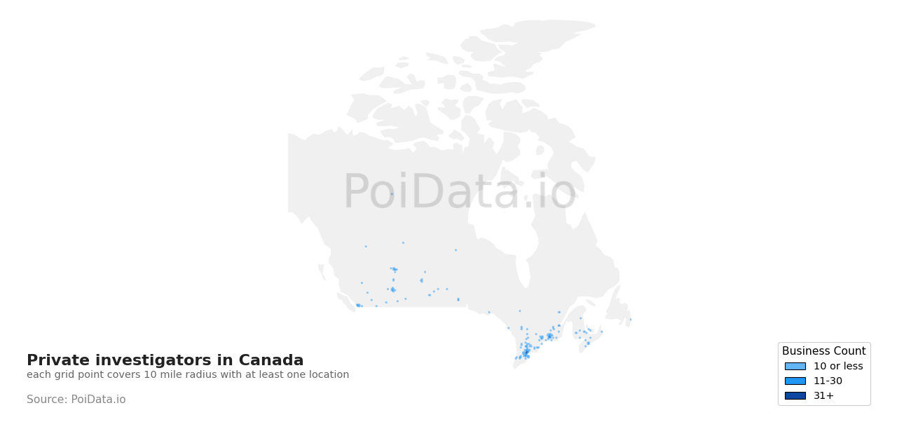 Private investigator density map for Saskatchewan, Canada