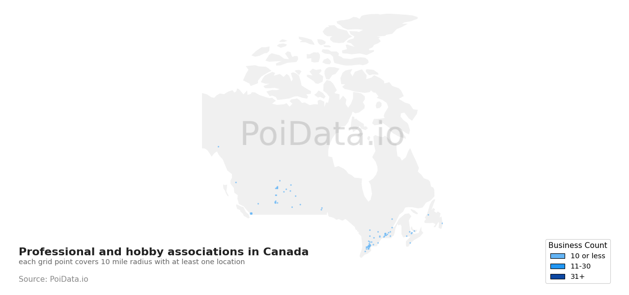 Professional and hobby associations density map for Canada