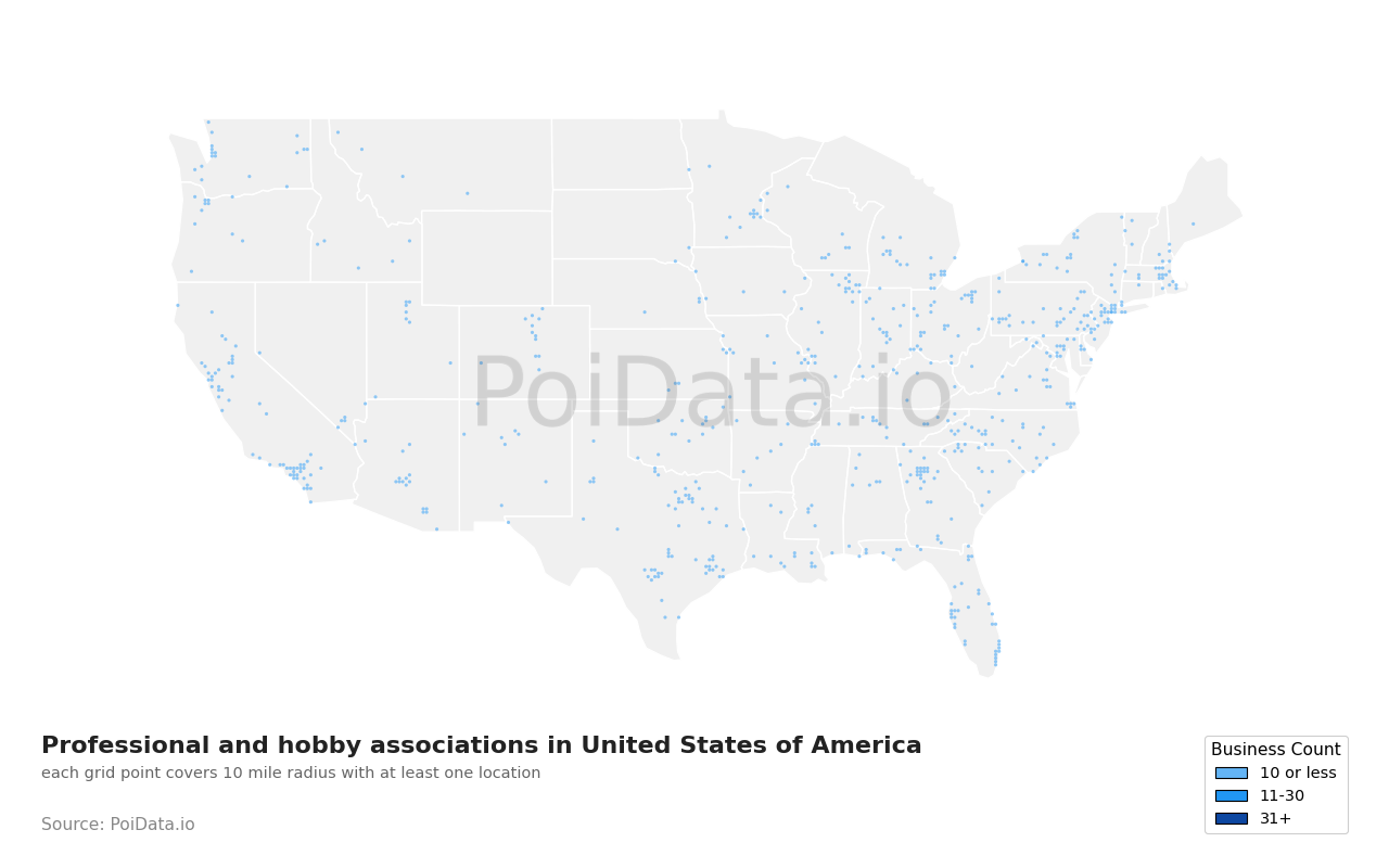 Professional and hobby associations density map for United States