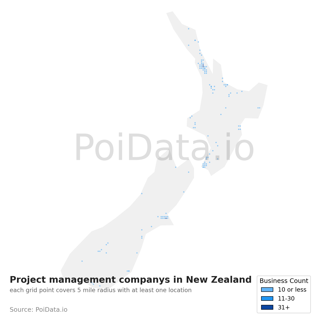 Project management company density map for New Zealand