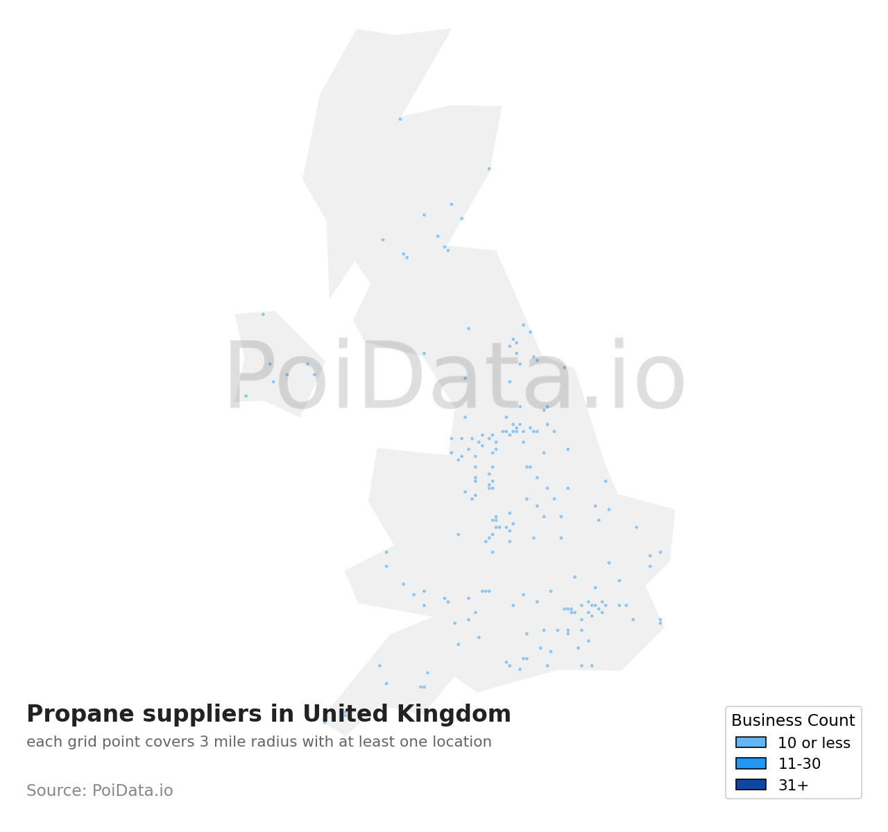 Propane supplier density map for United Kingdom