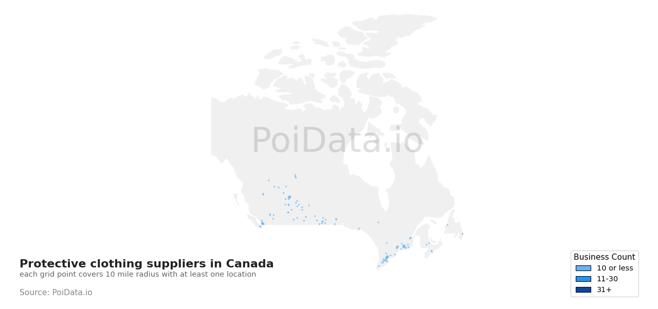 Protective clothing supplier density map for Ontario, Canada