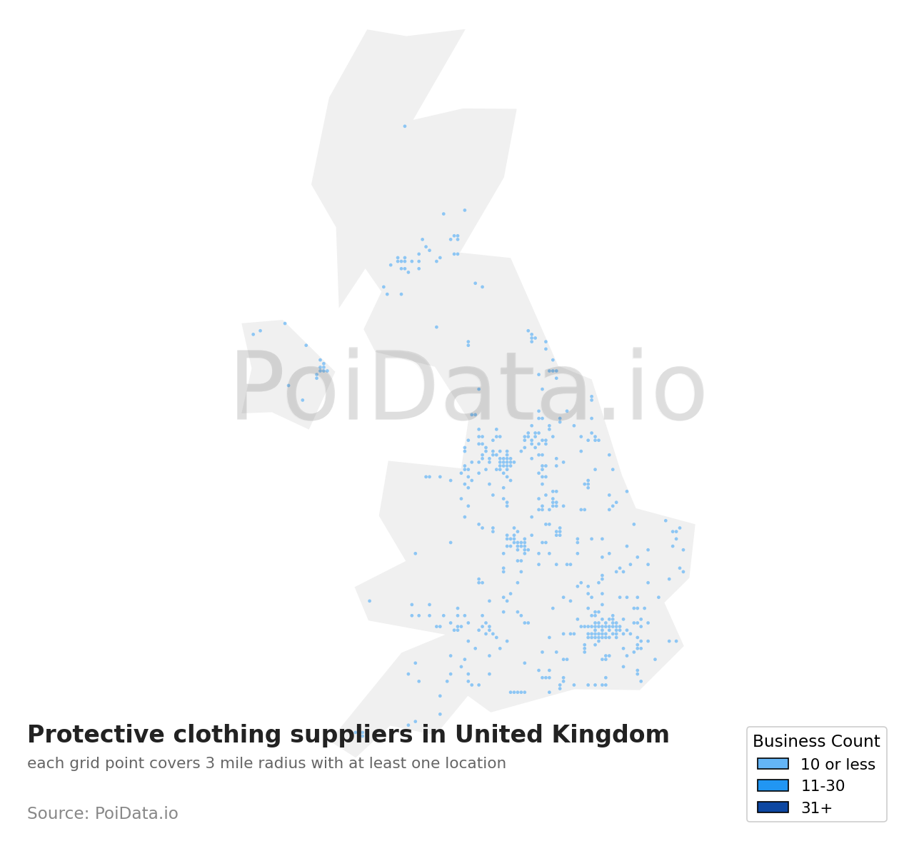Protective clothing supplier density map for United Kingdom