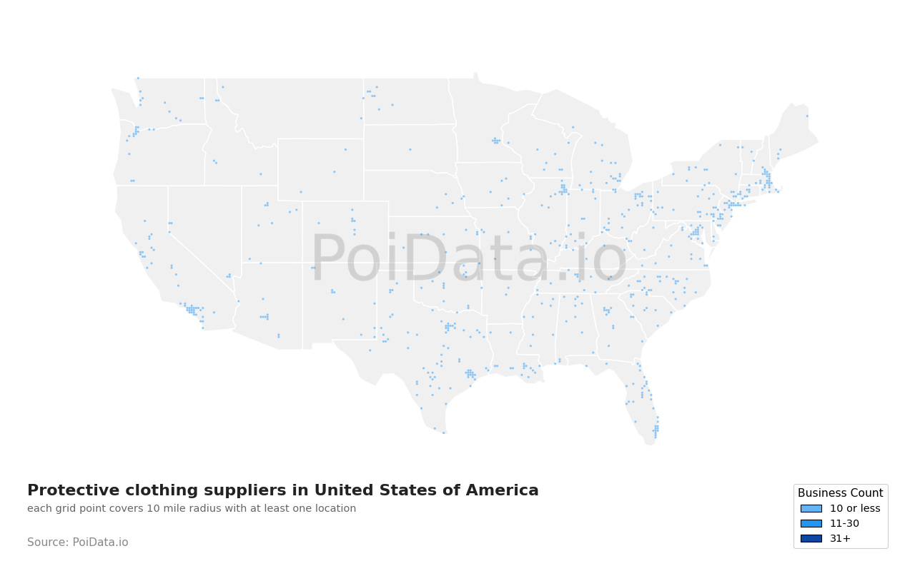 Protective clothing supplier density map for South Carolina, United States