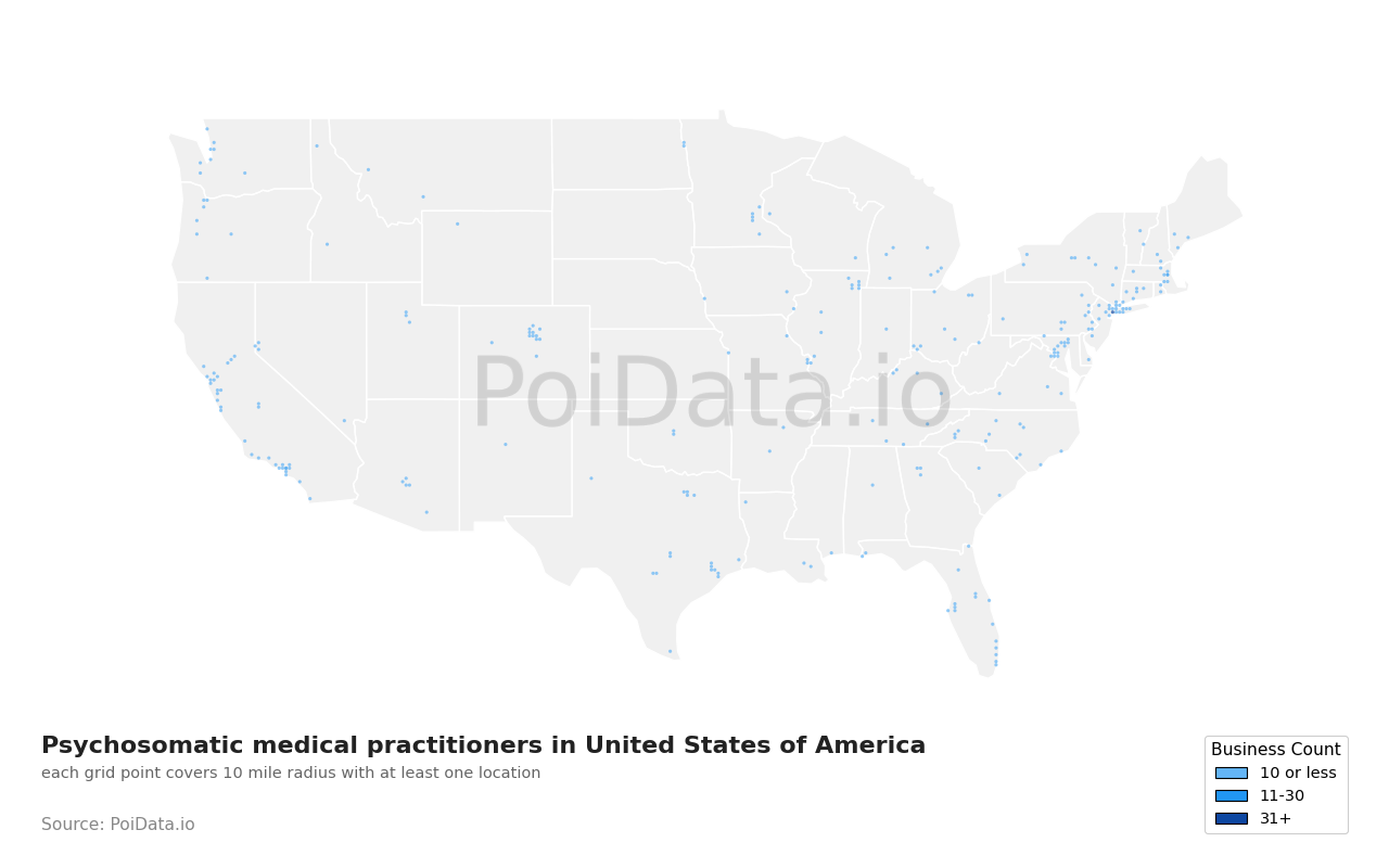 Psychosomatic medical practitioner density map for United States
