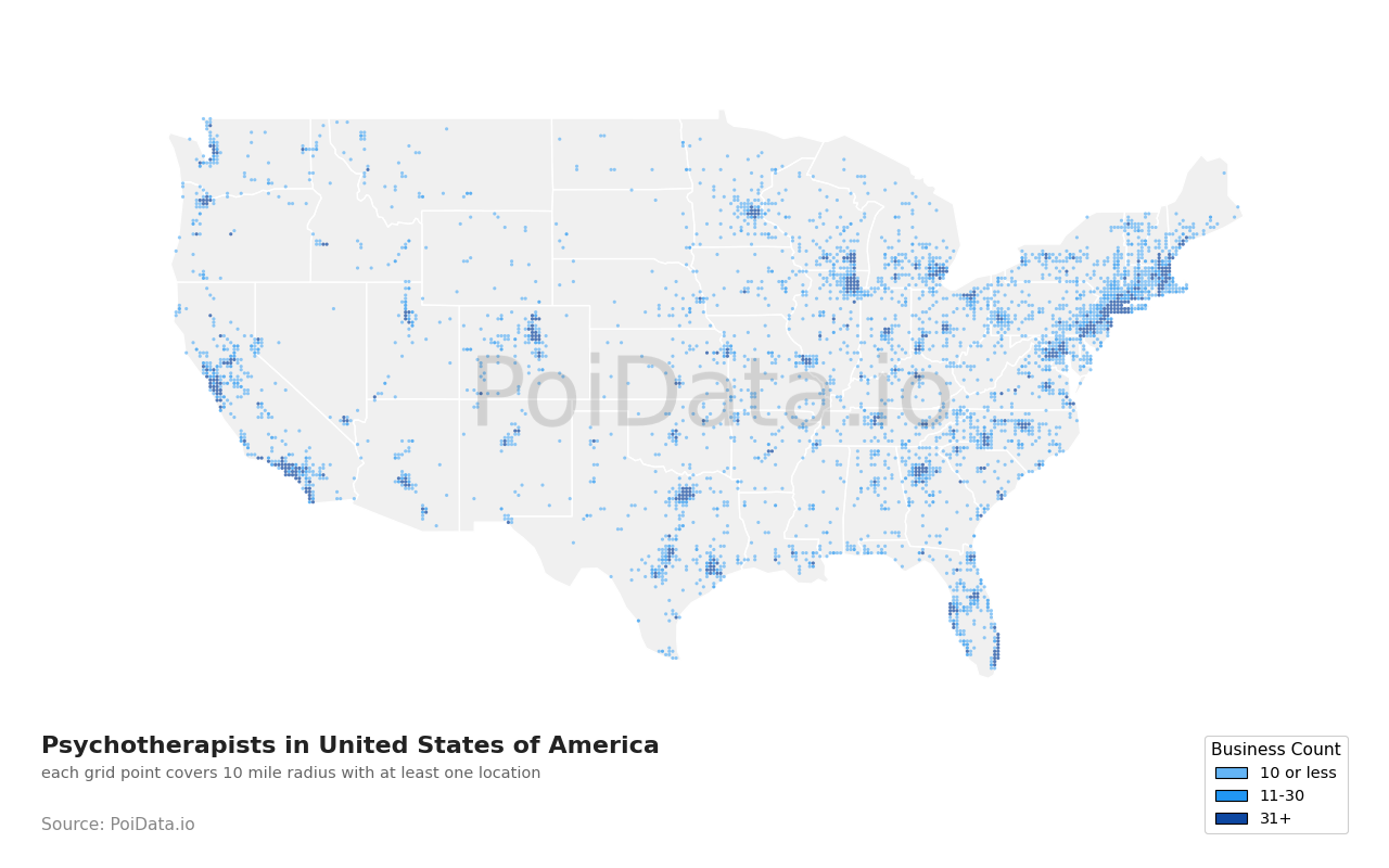 Psychotherapist density map for Florida, United States