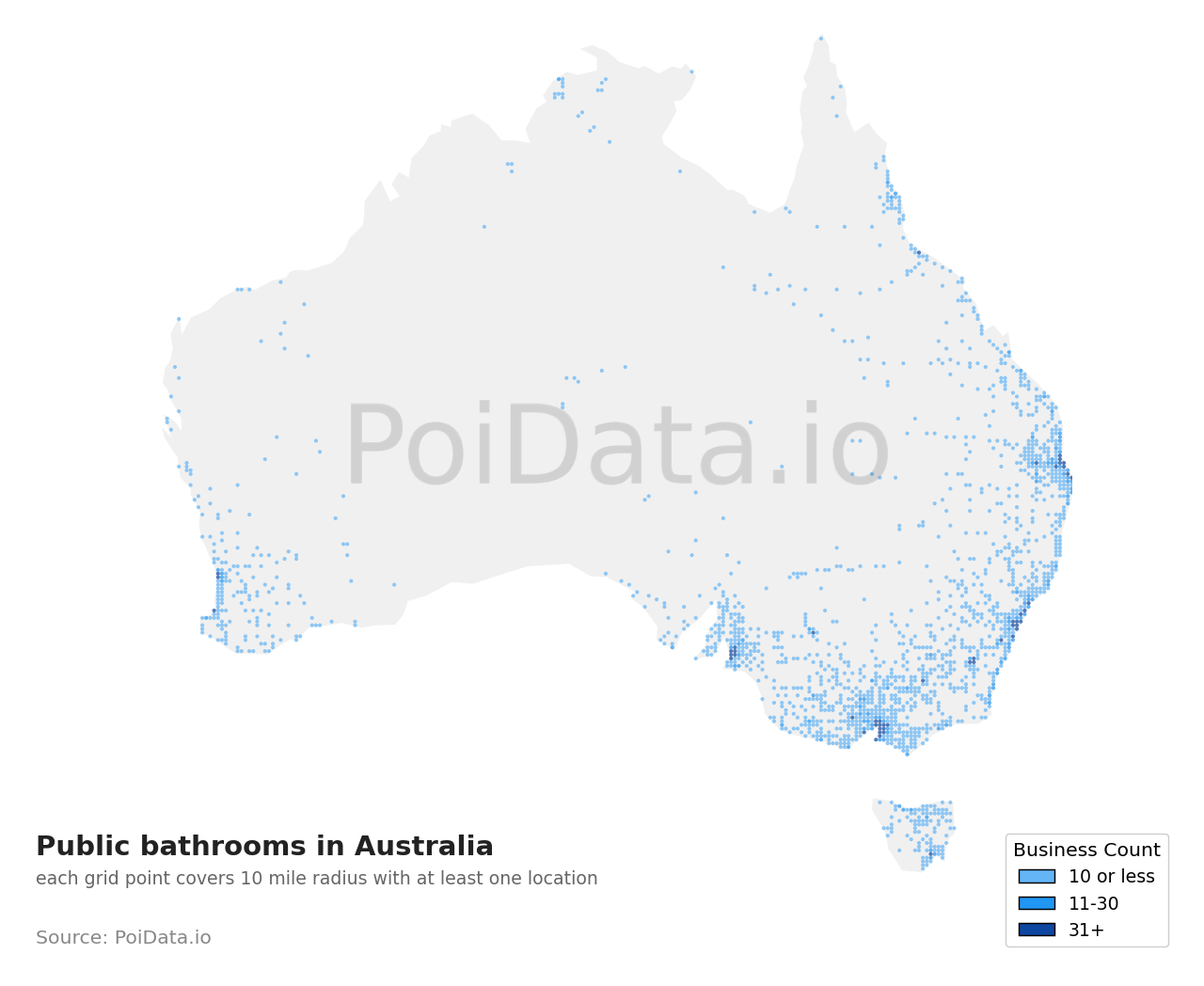 Public bathroom density map for Tasmania, Australia
