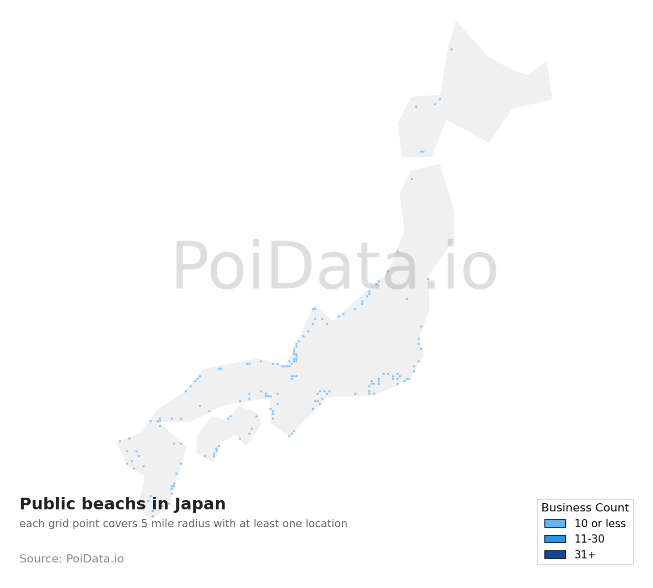 Public beach density map for Japan