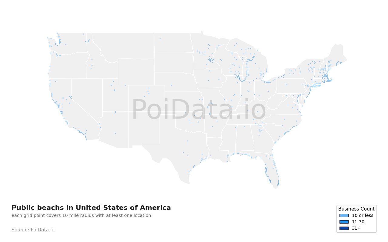 Public beach density map for United States