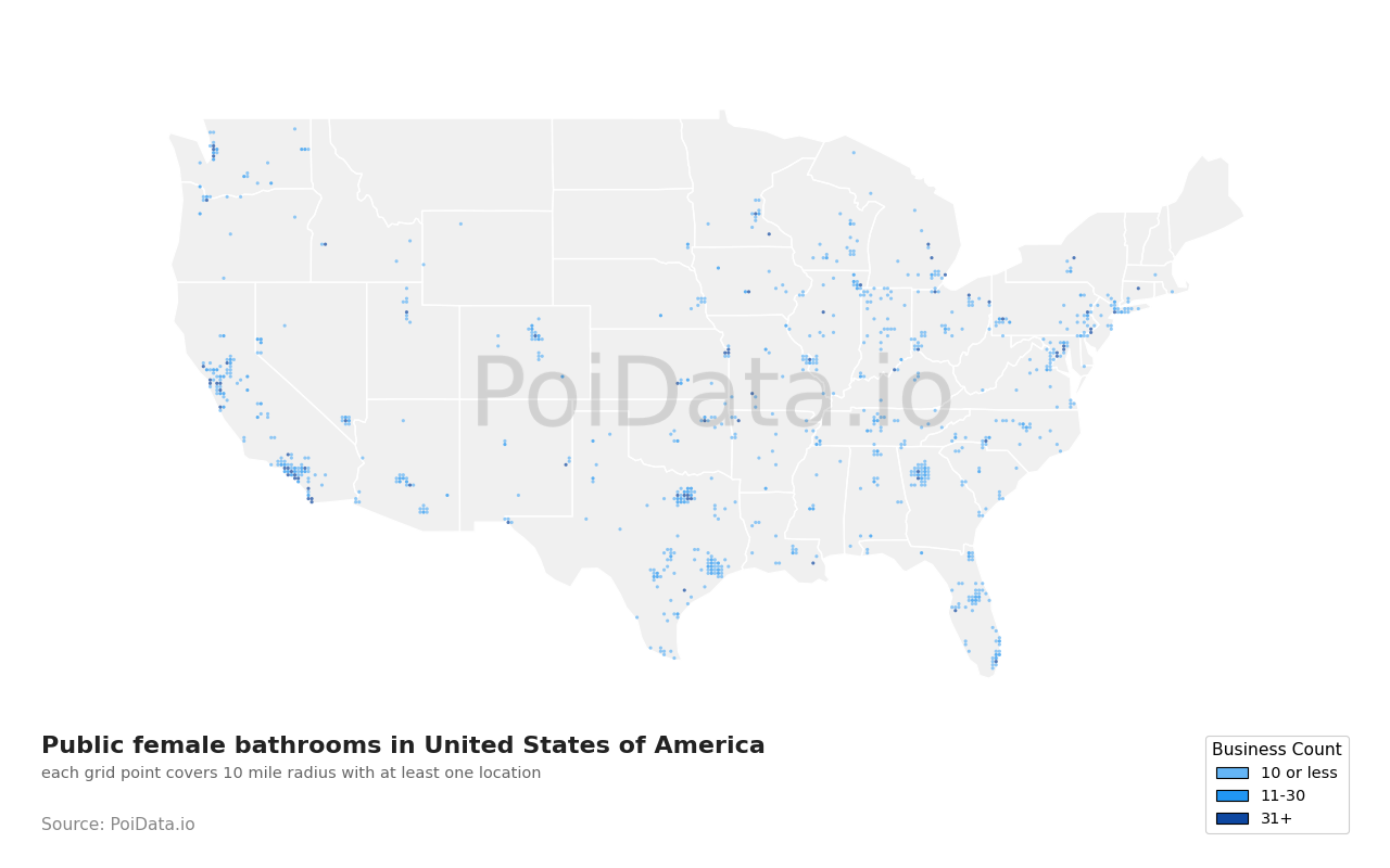 Public female bathroom density map for United States