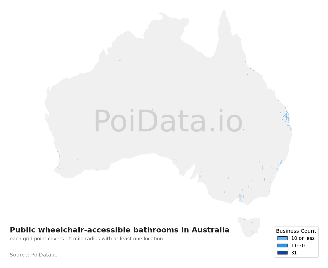 Public wheelchair-accessible bathroom density map for New South Wales, Australia