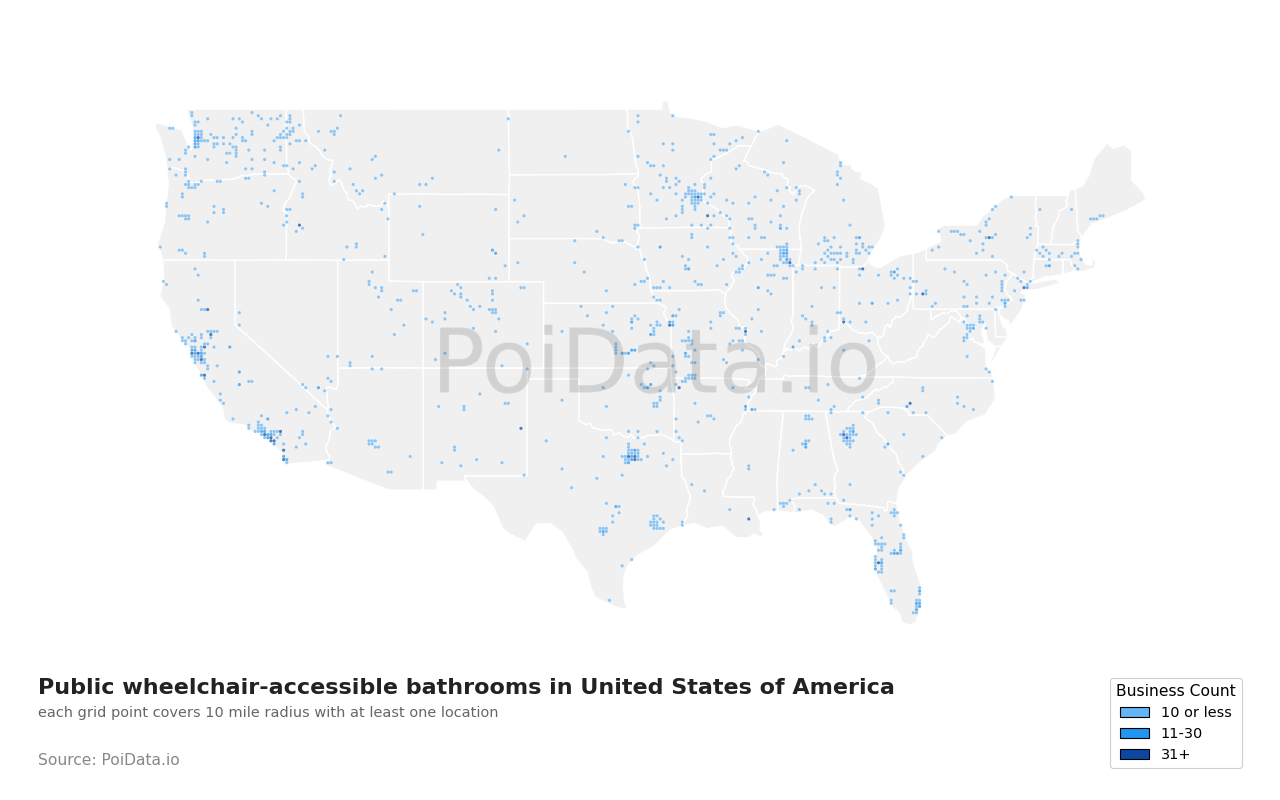 Public wheelchair-accessible bathroom density map for United States