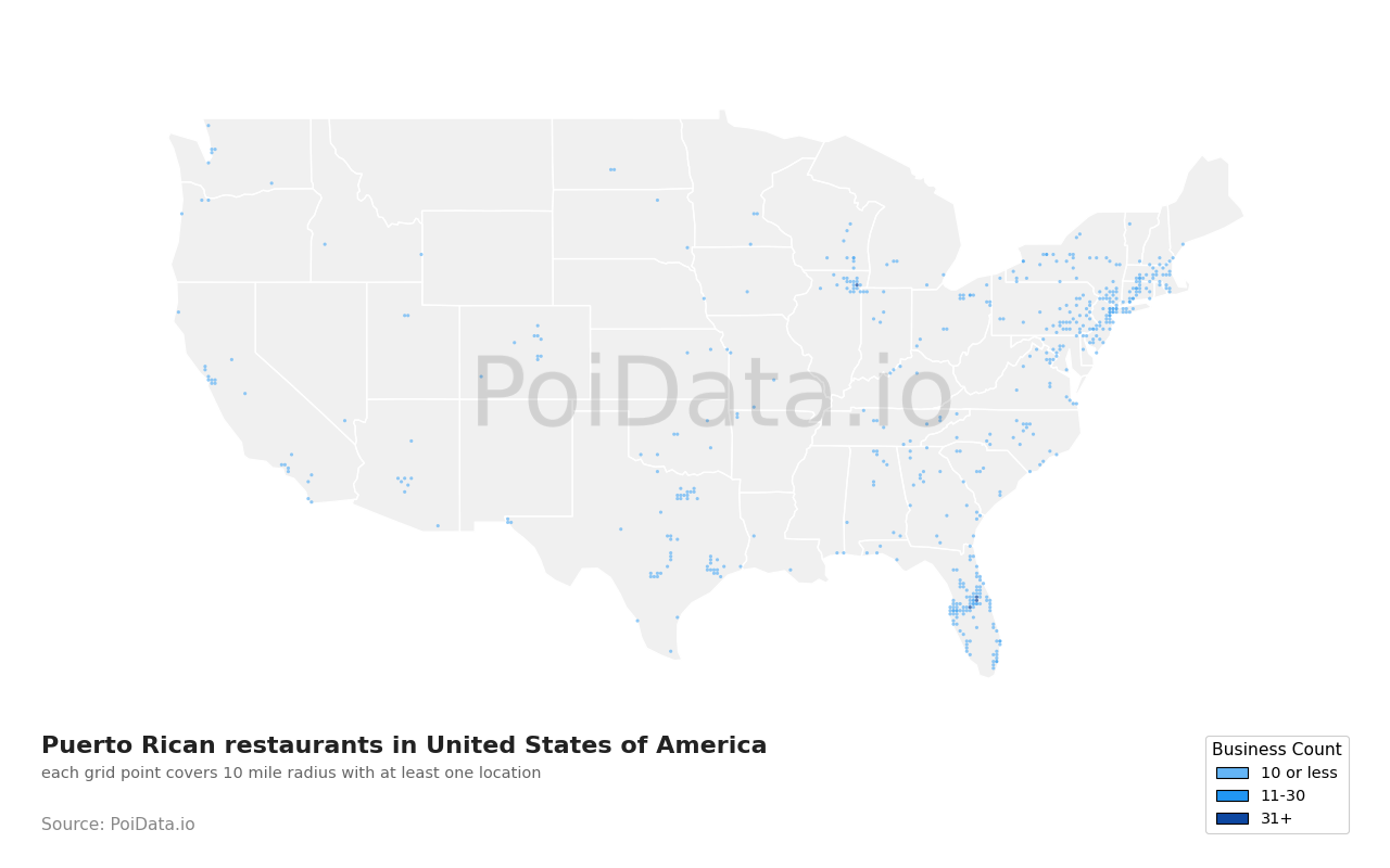 Puerto Rican restaurant density map for United States