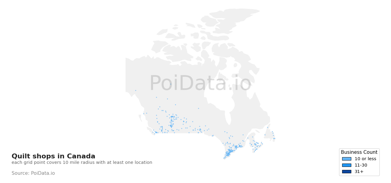 Quilt shop density map for Newfoundland and Labrador, Canada