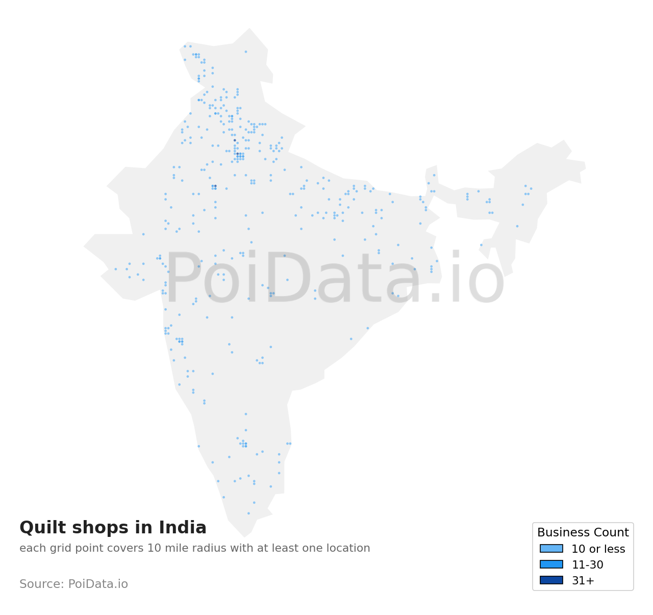 Quilt shop density map for India