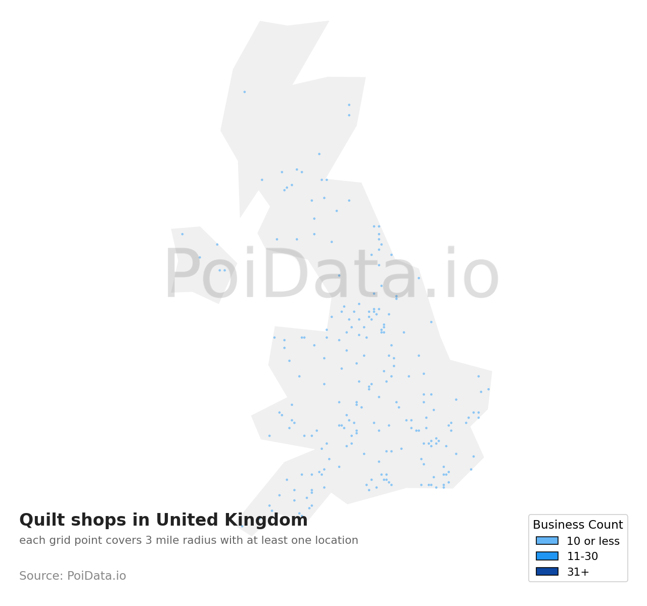 Quilt shop density map for United Kingdom