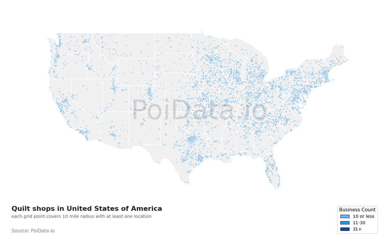 Quilt shop density map for United States