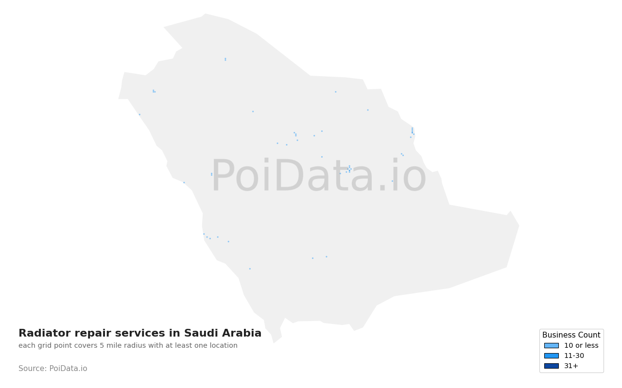 Radiator repair service density map for Saudi Arabia