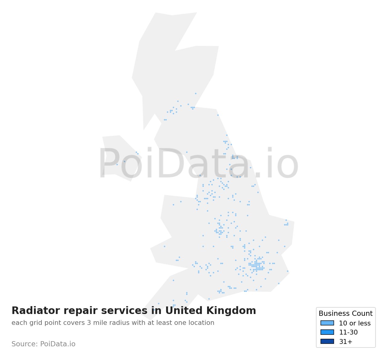 Radiator repair service density map for United Kingdom