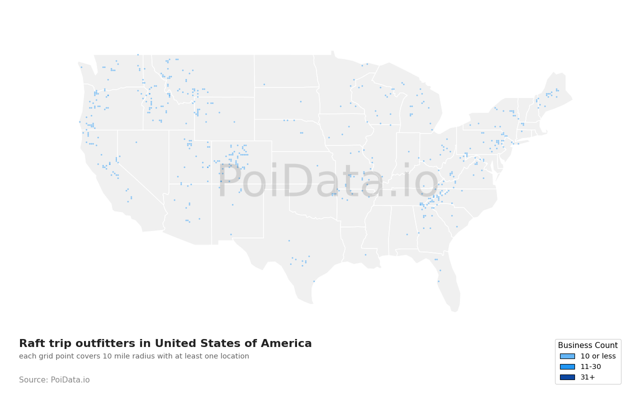 Raft trip outfitter density map for Tennessee, United States