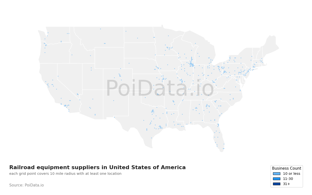 Railroad equipment supplier density map for United States