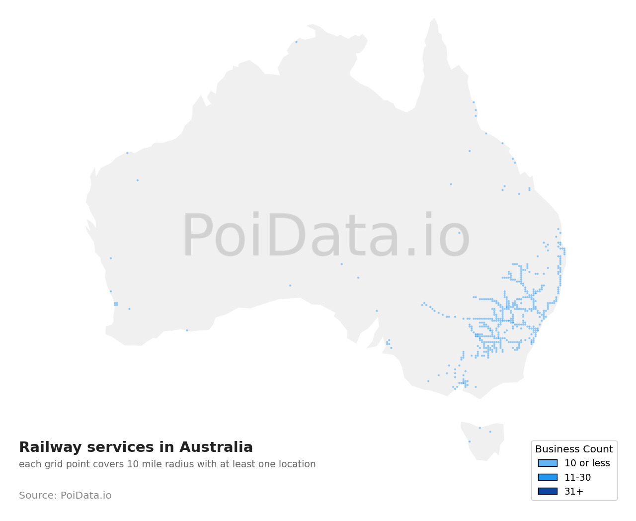 Railway services density map for Australia
