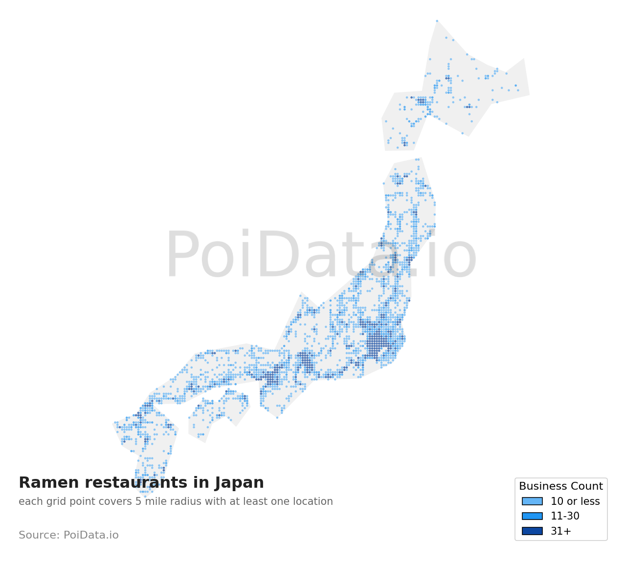Ramen restaurant density map for Japan