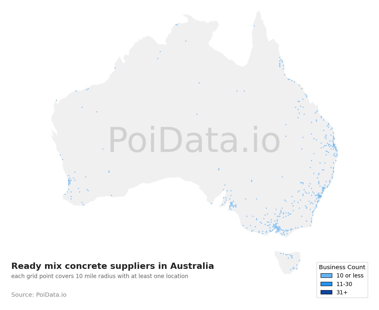 Ready mix concrete supplier density map for Australia