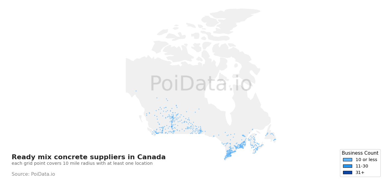 Ready mix concrete supplier density map for Canada