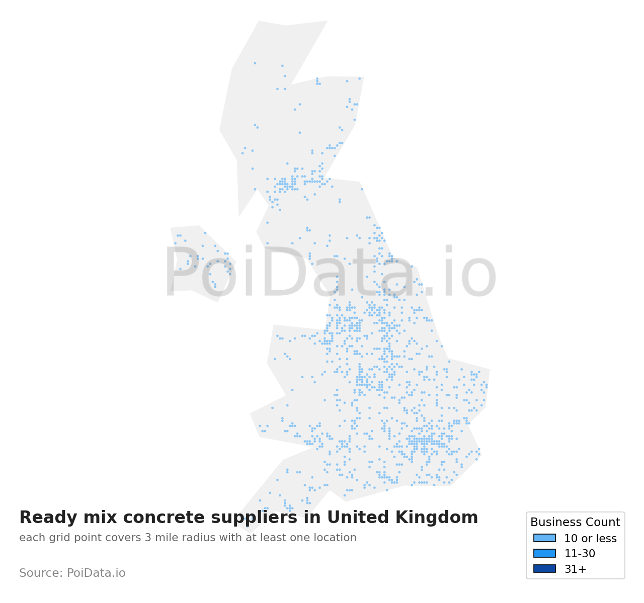 Ready mix concrete supplier density map for United Kingdom