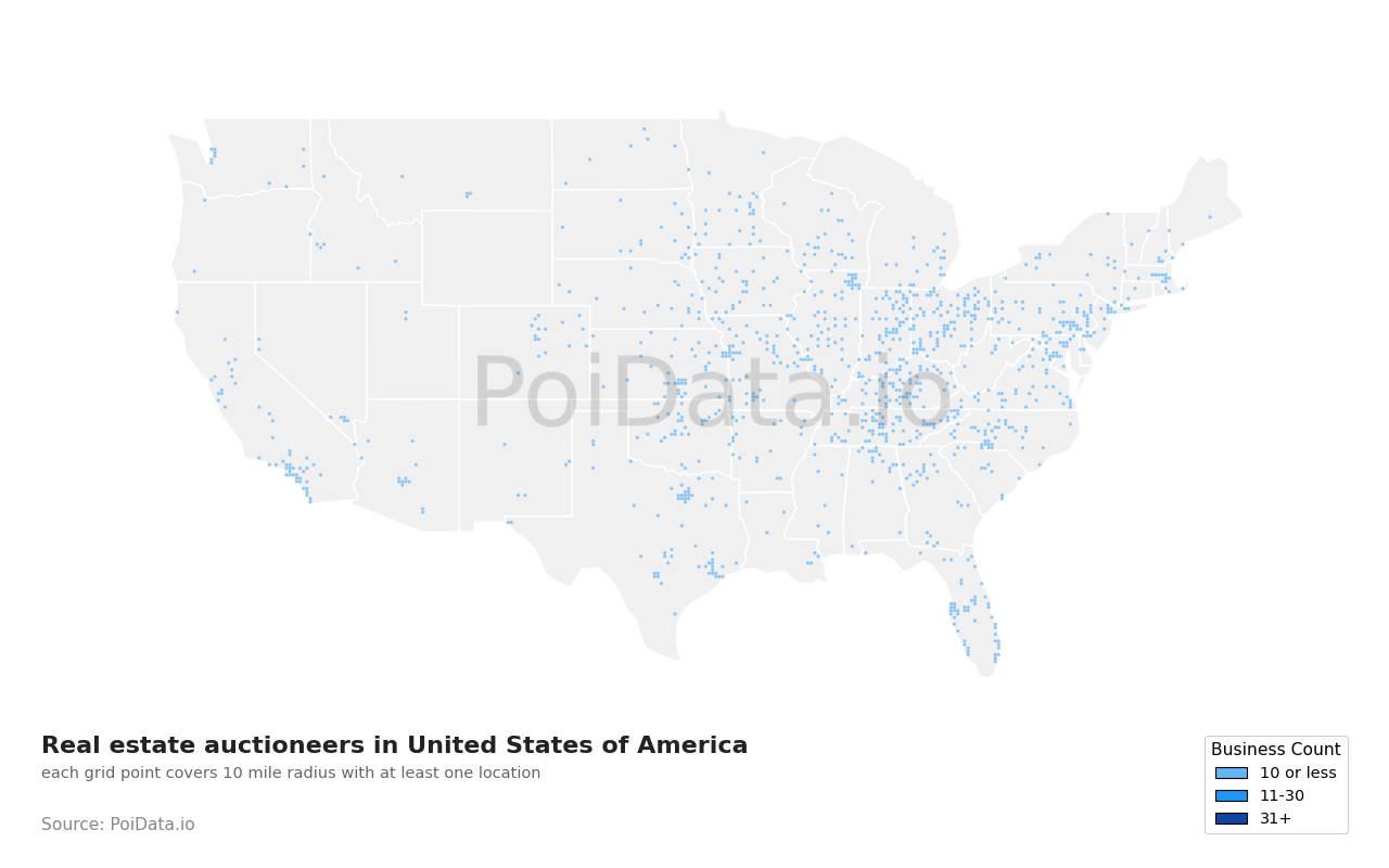 Real estate auctioneer density map for United States