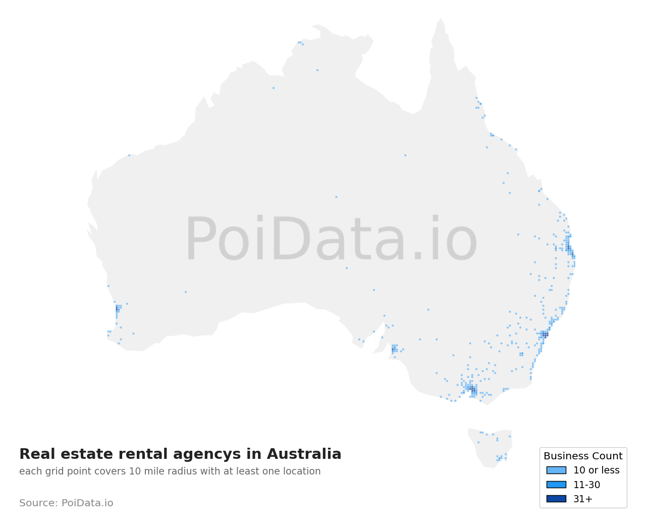 Real estate rental agency density map for Australia