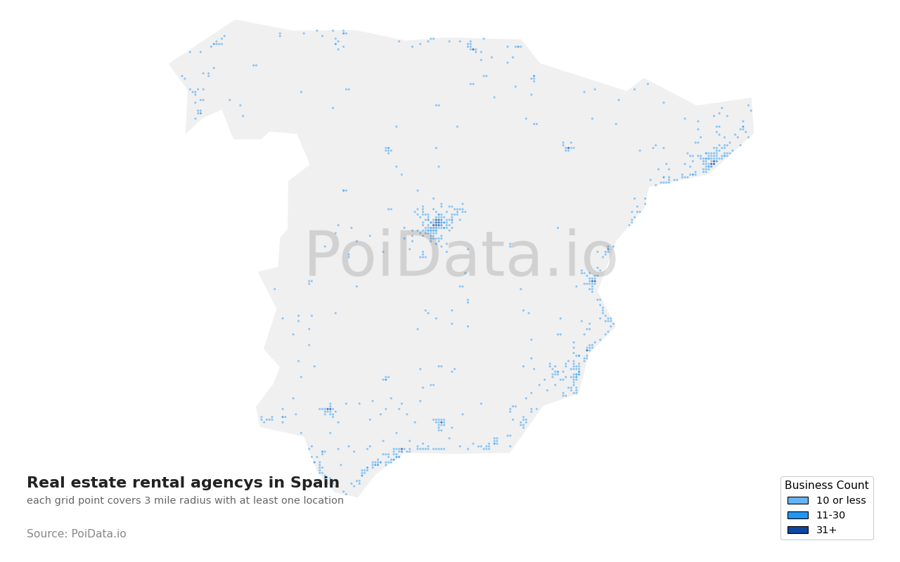 Real estate rental agency density map for Spain