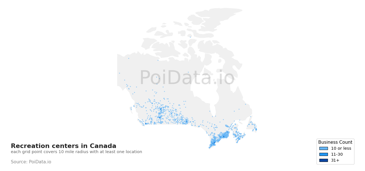 Recreation center density map for Canada