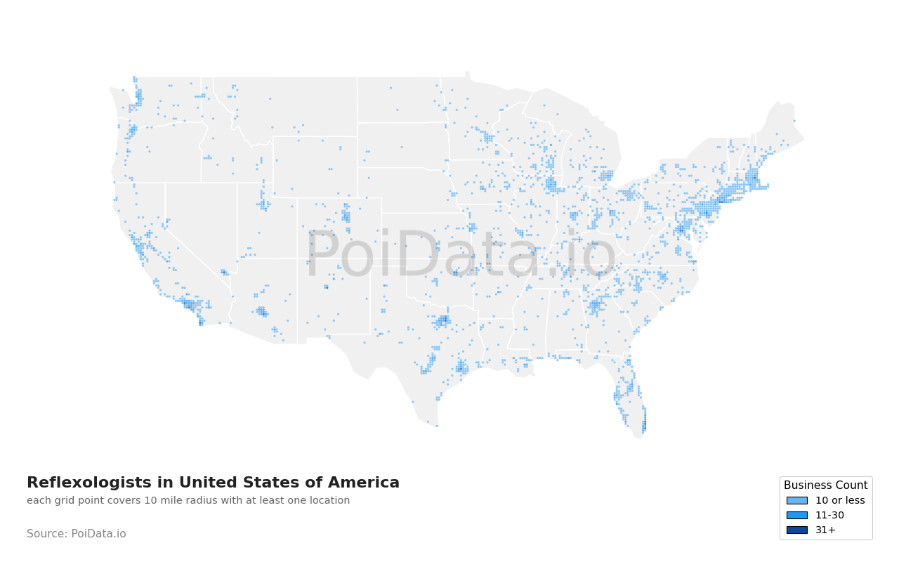 Reflexologist density map for Rhode Island, United States