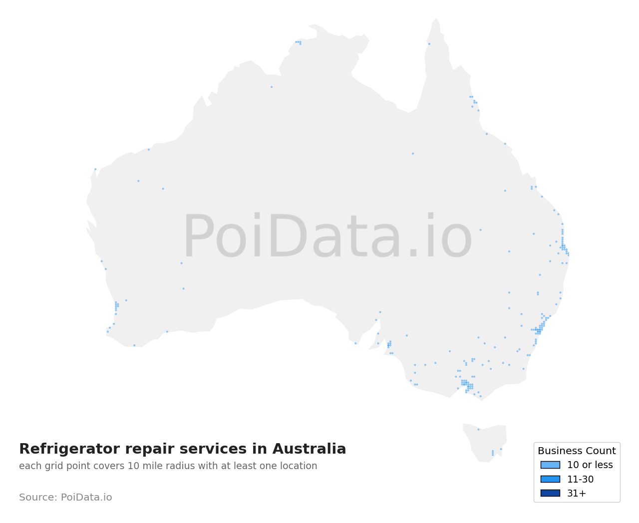 Refrigerator repair service density map for Northern Territory, Australia