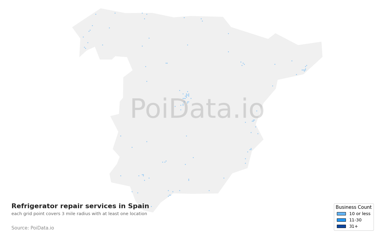 Refrigerator repair service density map for Spain