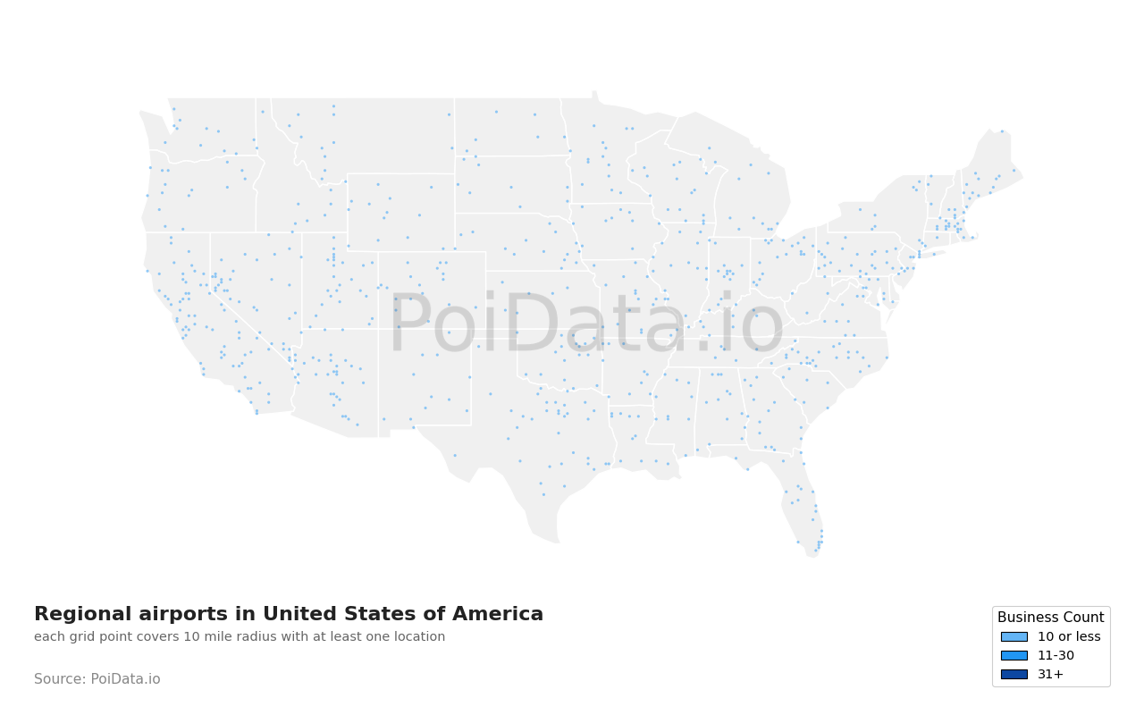 Regional airport density map for United States