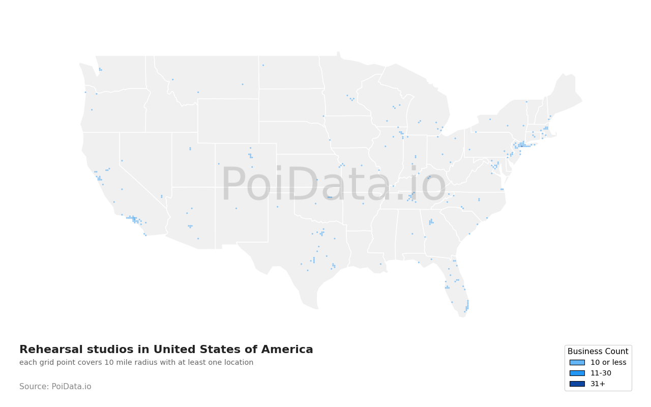 Rehearsal studio density map for New York, United States